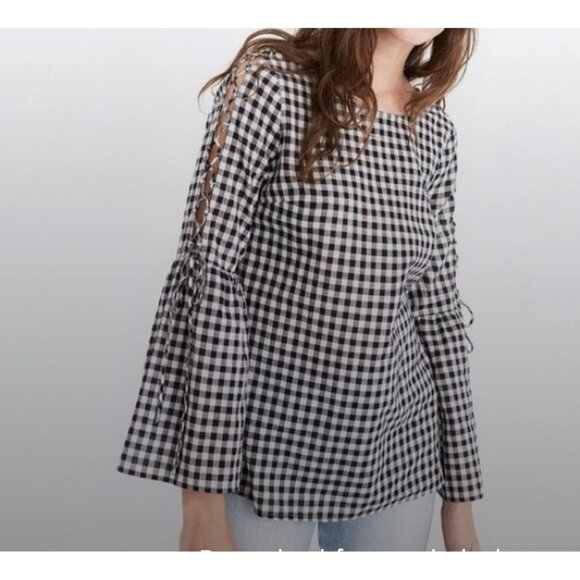 Madewell black white Gingham top blouse size Medium boho Preppy - Picture 1 of 8